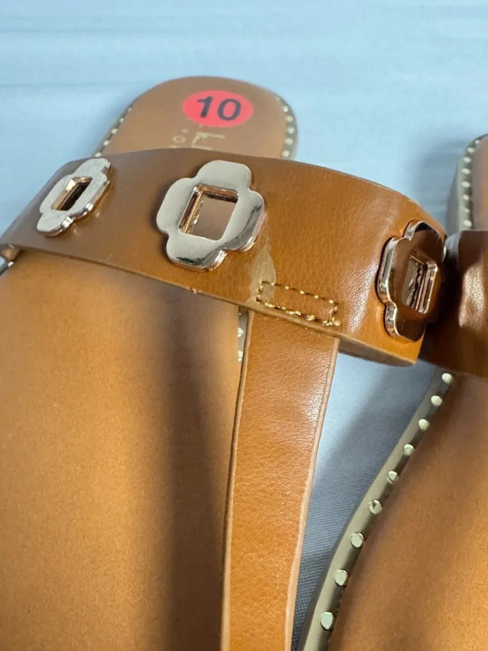NEW 10 Nicole Miller New York Korey Cognac Studded Thong Sandals Gold Hardware